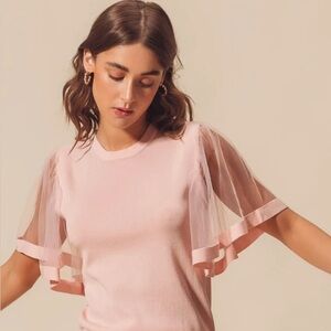 Pink Sheer Sleeve Top Flutter Bell Blouse Sparkle Thread Pastel Light Crop XS